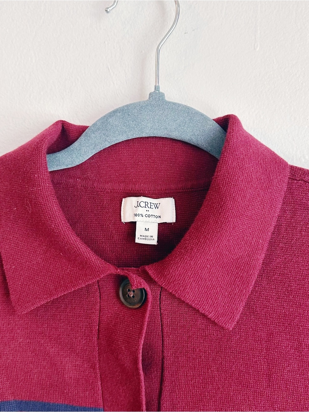 J Crew Striped collared sweater-jacket vintage burgundy navy 100% cotton medium - Picture 7 of 9
